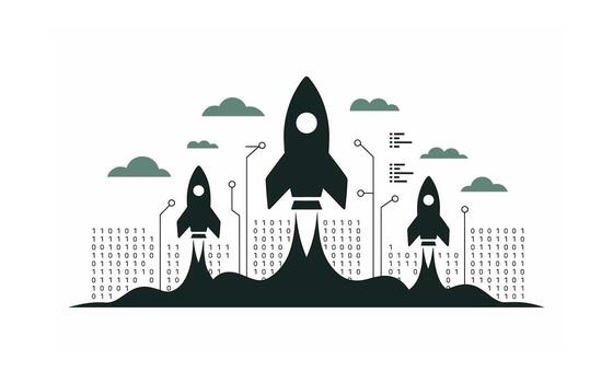 Digital Transformation Startup Rockets Ascending Amidst Binary Code Landscapes, Symbolizing Innovation, Technology, and Business Growth in the Modern Era of Digitization vector