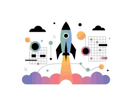 Abstract Rocket Launch Illustration with Data Charts and Clouds Modern Business Startup, Innovation, and Growth Concept for Technology Companies and Digital Marketing Campaigns vector