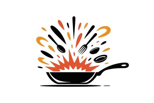 Creative Kitchen Illustration Frying Pan with Utensils and Spices Exploding, Modern and Dynamic Design, Symbolizing Cooking, Food Preparation, and Culinary Artistry for Menu Graphics vector