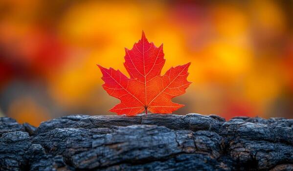 Vibrant maple leaf resting on log. A bright red maple leaf stands upright on a textured log, surrounded by soft autumn colors in the background. photo