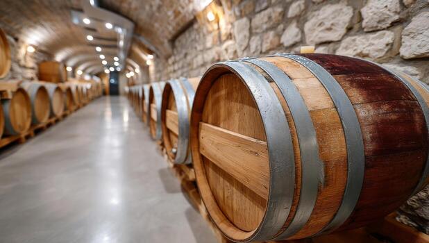 Exploring a wine cellar with oak barrels. A long corridor in a wine cellar lined with wooden barrels, showcasing the winemaking process in a rustic setting. photo