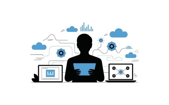 datos análisis y nube informática hombre analizando datos en tableta con portátiles, gráficos, y nube íconos para negocio inteligencia y crecimiento estrategias vector