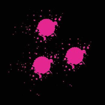 Three pink paint splatters with smaller droplets scattered on a plain black color background surface view vector
