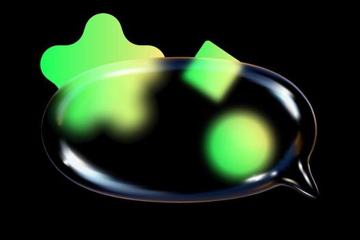 Unique 3D glass speech bubbles overlap with vibrant geometric gradients, showcasing a trendy glass morphism effect against a dark backdrop. vector