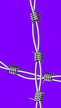 Collage of barbed wire created with a retro halftone technique stands tall against a bright purple background, offering a unique depth with paper cut elements and a bold visual appeal. vector