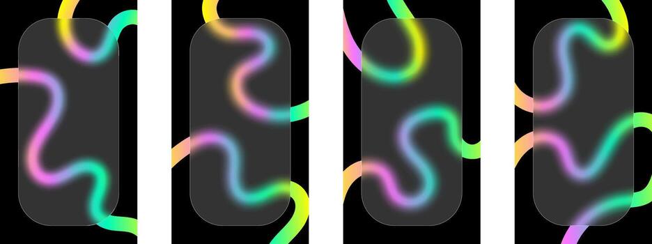 Set of vertical backgrounds designed for advertising flyers showcases glass morphism style. Curved gradient lines create a soft, blurred effect, enhancing visual appeal. vector
