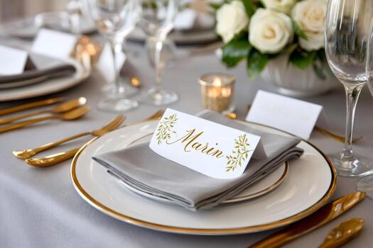 Elegant place setting with personalized name card for marin at formal event photo