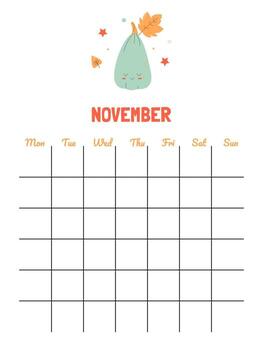 página modelo para un otoño calendario con un linda gracioso calabaza y un cuadrícula para fechas vector