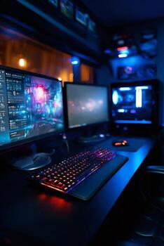 Professional gamer or streamer setup featuring powerful computer and multiple monitors photo