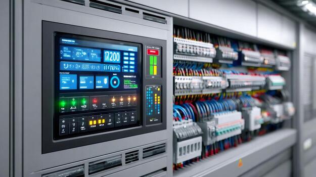 Electrical control panel monitoring system showing real time data and circuit breakers photo