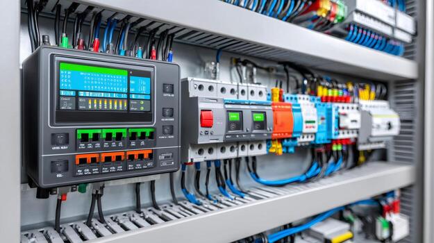 Electrical control panel showing display and circuit breakers managing power distribution photo