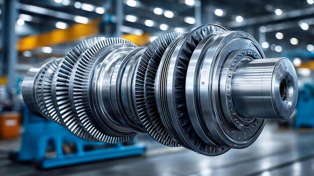 Shiny metal turbine rotor displaying engineering prowess in factory setting photo