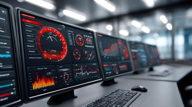Computer screens showing monitoring system interface in control room photo