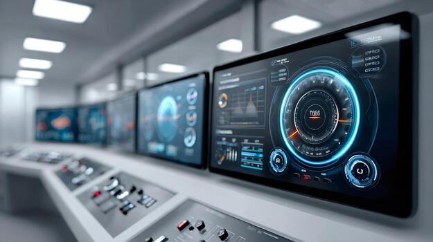 Modern control room monitoring showing futuristic interface with digital gauges and charts photo