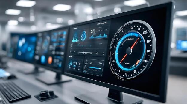 Computer monitors showing business performance and data analytics in a modern monitoring room photo
