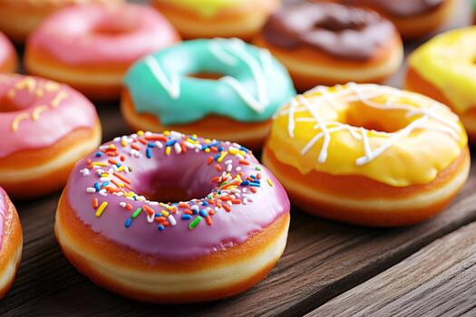 Delicious assorted donuts lying on wooden table, creating colorful and tempting display photo