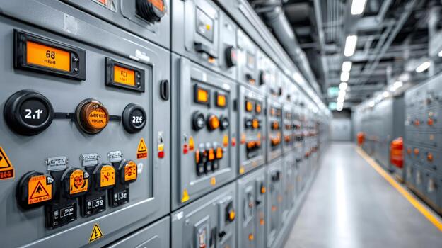 Electrical control panels showing various readings and indicators in a server room photo