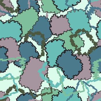 Creative seamless pattern. Abstract fragments abstract backdrop. Chaotic shapes green and violet pieces on light green background. vector