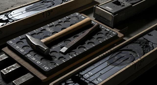 Geologist hammer and chisel on rubber mat, core sample boxes, deep focus, sharp textures, clean, brand-neutral. photo