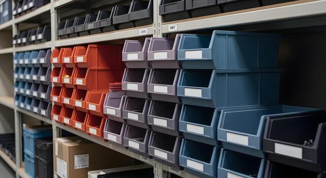 Stacking parts bins in gradient tones with empty fronts in a tool crib aisle, emphasizing sharp textures and crisp edges. photo