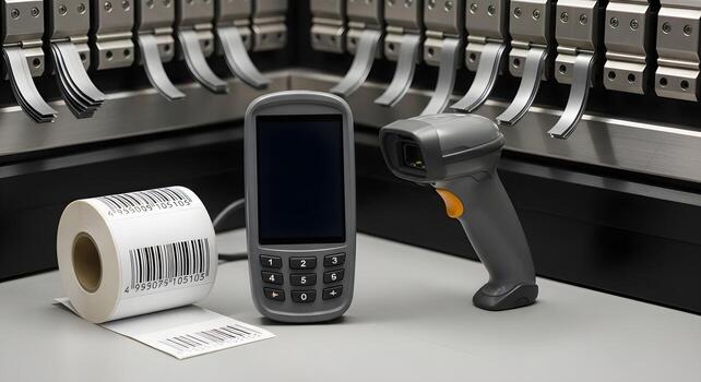 Barcode label roll and handheld scanner by press brake, showing bend samples. Emphasizes sharp textures and crisp edges photo