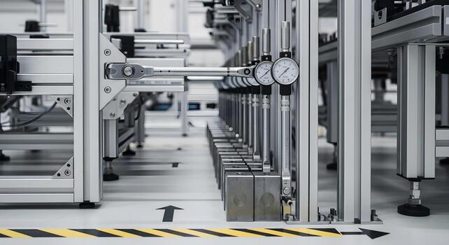 Unbranded torque wrench and gauge blocks in assembly cell with modular conveyors, clean floor, and deep focus for crisp edges. photo