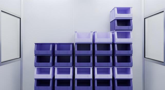Stacking parts bins in gradient tones in a cleanroom ante space, with diffuse light, ultrasharp textures, and crisp edges. photo