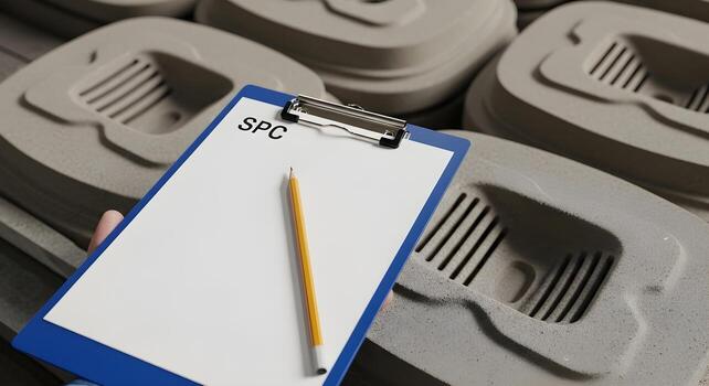 SPC clipboard with blank sheet, sharp pencil, sand molds, crisp vent patterns in casting bay. Clean, brand-neutral, copy space. photo