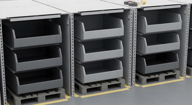 Stacking parts bins in gradient tones with empty fronts, emphasizing ultrasharp textures and crisp edges. Clean, brand-neutral. photo