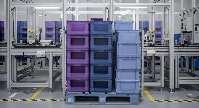 Stacking parts bins in gradient tones with empty fronts in assembly cell with modular conveyors photo