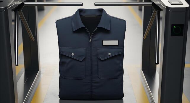 Folded work coveralls with a blank name patch in entry turnstile area, suitable for engineering, safety and operations. photo