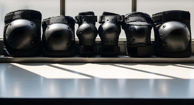 Knee and elbow pads symmetrically placed on a window sill with polished ledgeing, deep focus, and ultrasharp textures. photo
