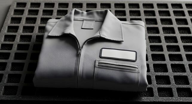 Folded work coveralls with a blank name patch on a boot room mat, emphasizing ultrasharp textures and crisp edges with copy space. photo