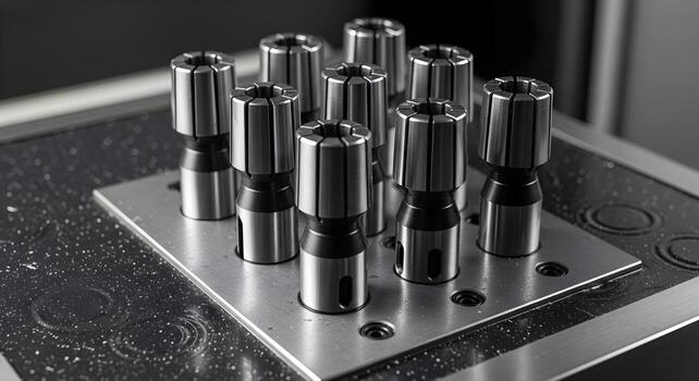 ER collet set in coolant sump with ripple micro-texture and metal flakes, emphasizing ultrasharp textures and crisp edges. photo