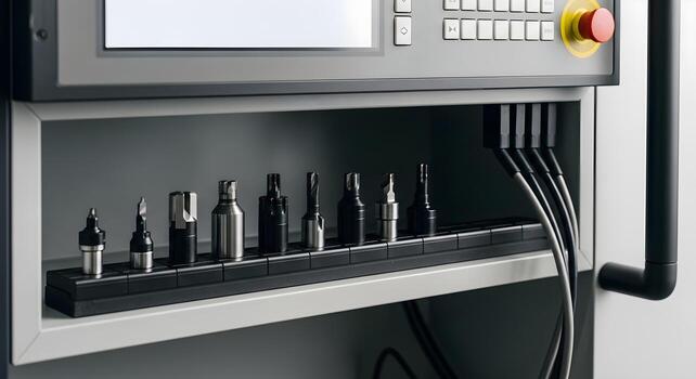 Quick-change toolholders on a magnetic strip within a controller shelf, emphasizing ultrasharp textures and crisp edges. photo