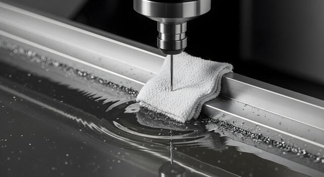 Touch probe stylus on lint-free cloth in coolant sump, with ripple micro-texture and metal flakes, ultra-sharp textures photo