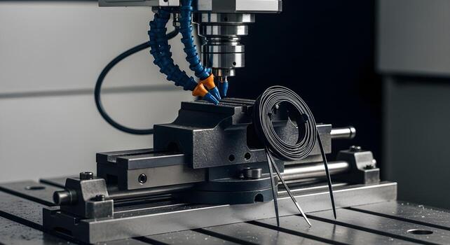 Coolant nozzle array and zip ties in vise station with parallels and stop bar on ground plate, emphasizing ultrasharp textures. photo