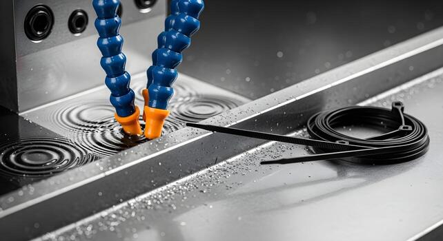 Coolant nozzle array with zip ties, ripple micro-texture, and metal flakes, emphasizing sharp textures and crisp edges. photo