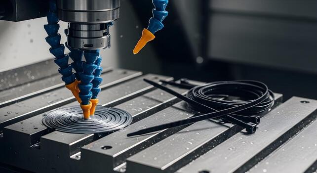 Coolant Nozzle Array and Zip Ties on Table Ultracrisp Textures, Clean Composition, Suitable for Engineering and Safety photo