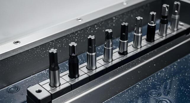 Quick-change toolholders on a magnetic strip within coolant sump, emphasizing ultrasharp textures, suitable for engineering storie photo