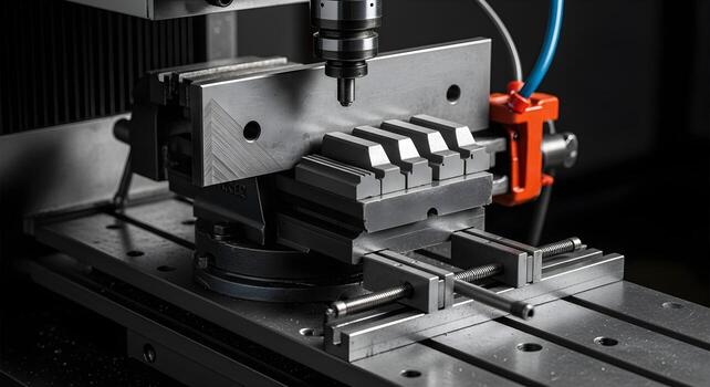 Angle plate with clamps and step blocks in a vise station, captured with natural lighting to emphasize sharp textures . photo