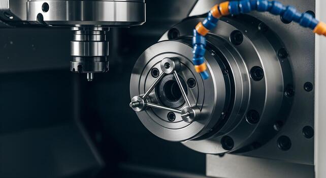 Boring head, indicator and gauge pins form a triangle in a spindle nose. Natural light, deep focus, sharp textures and edges. photo