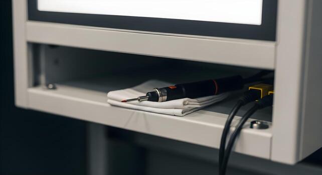 Touch probe stylus on lint-free cloth within controller shelf, with blank display and tidy cables. Sharp textures, clean, no logos. photo