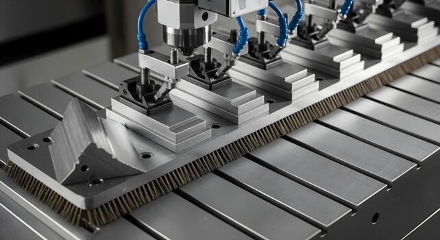 Angle plate with clamps and step blocks in deburr station. Brush marks on stainless surface with ultra-sharp textures. photo