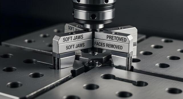 Soft jaws with removed faces clamped lightly in a fixture plate grid with threaded holes and perfect alignment photo