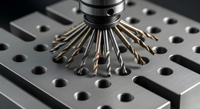 Debur Tool and Countersink Bits Fanned like a spectrum within a fixture plate grid, perfectly aligned with threaded holes. photo