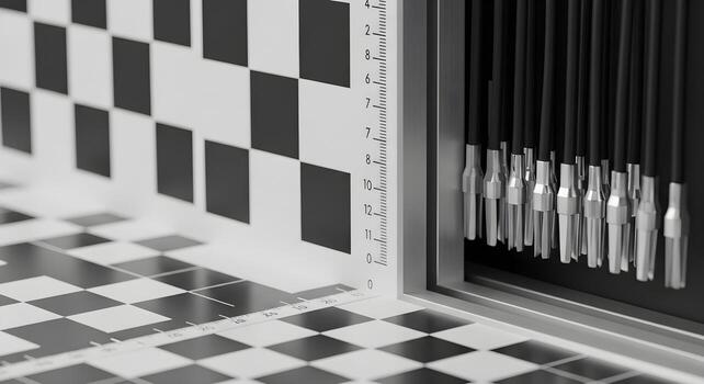 Cable ferrules and end sleeves, sorted by length, placed on a calibration board with abstract checker pattern photo