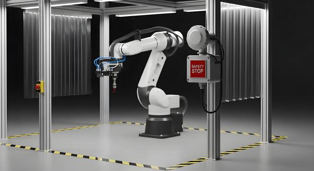 Safety E-Stop in Workcell Clean, Brand-Neutral Image for Engineering and Operations, Suitable for Editorial Use No Logos, Text photo