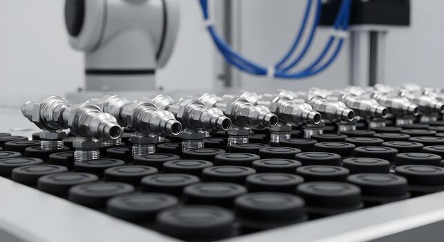 Air fittings and push-to-connect elbows in a precise grid, ultra-sharp textures, clean composition for engineering and safety stories. photo