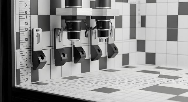 Photoelectric sensors and brackets on a calibration board with an abstract checker pattern, no text. Clean, brand-neutral. photo